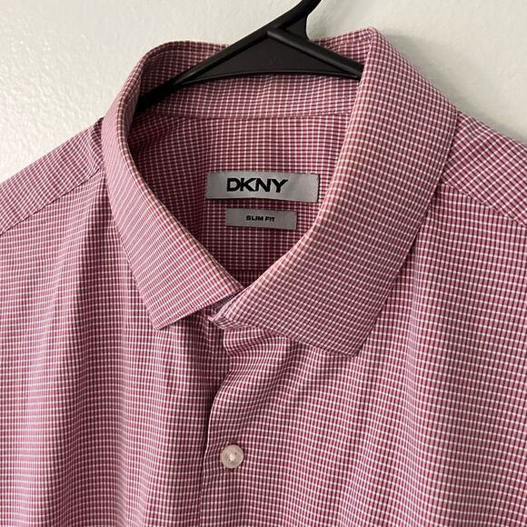 DKNY Tailored Mens Shirt Reddish Pink Check Approximate Size Large *See Details - Picture 4 of 8